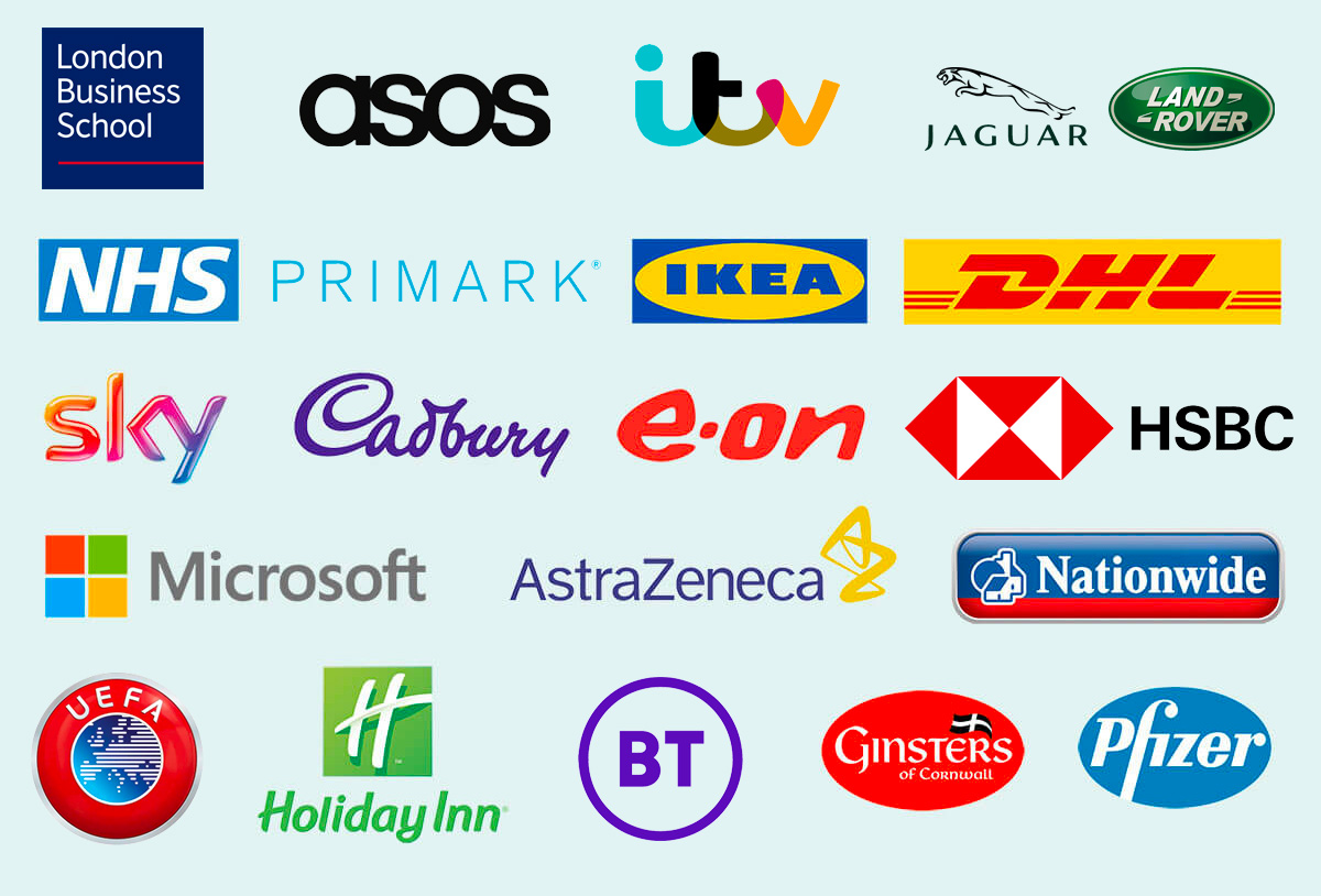 Some of the clients we've worked with, including the NHS, ITV, Ikea, DHL, Microsoft, ASOS, UEFA, Ginsters, Pfizer, BT, EON, Cadbury and many more