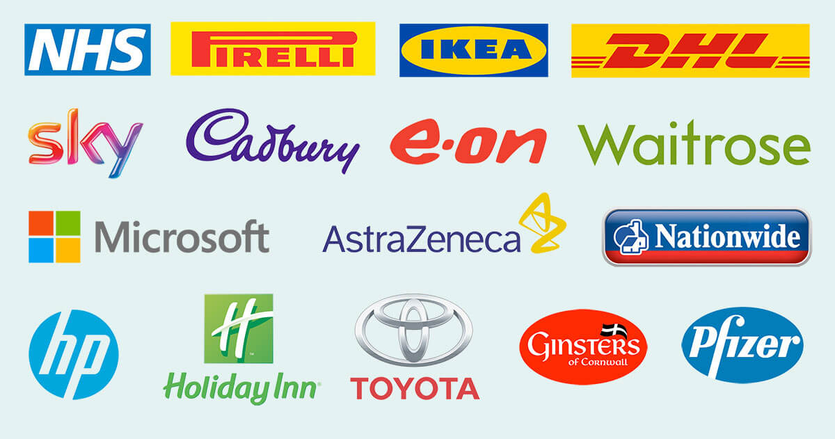 Some of the clients we've worked with, including the NHS, Pirelli, Ikea, DHL, Microsoft, HP, Toyota, Ginsters, Pfizer, Waitrose, EON, Cadbury and many more
